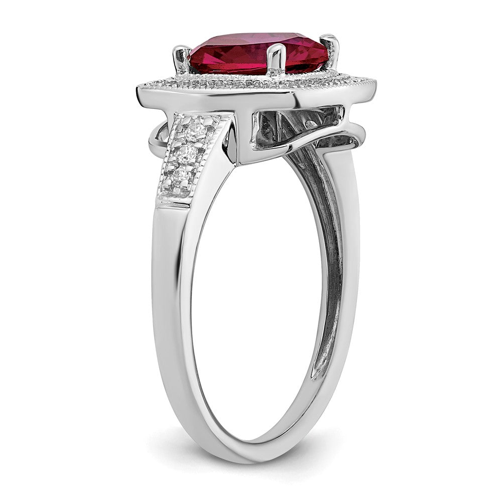 14k White Gold Cushion Created Ruby and Real Diamond Halo Ring