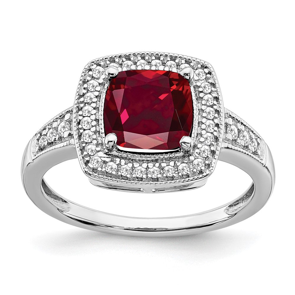 Solid 14k White Gold Cushion Created Simulated Ruby and CZ Halo Ring