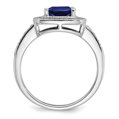 14k White Gold Cushion Created Sapphire and Real Diamond Halo Ring
