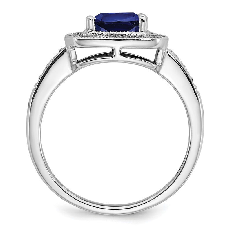 14k White Gold Cushion Created Sapphire and Real Diamond Halo Ring
