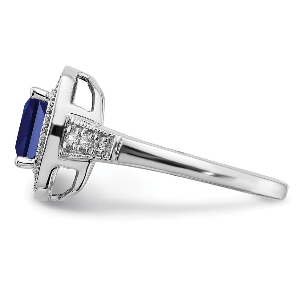 14k White Gold Cushion Created Sapphire and Real Diamond Halo Ring