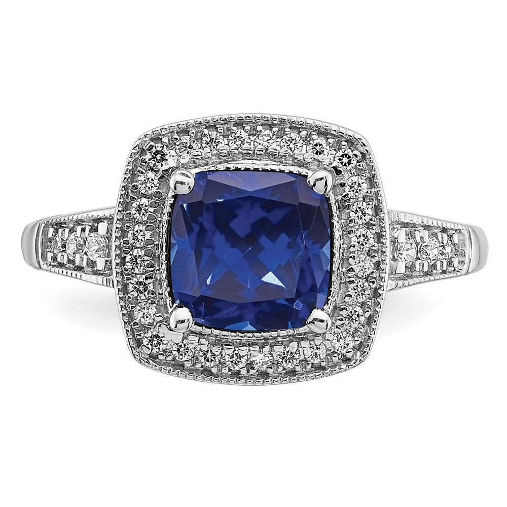 14k White Gold Cushion Created Sapphire and Real Diamond Halo Ring