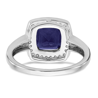 14k White Gold Cushion Created Sapphire and Real Diamond Halo Ring