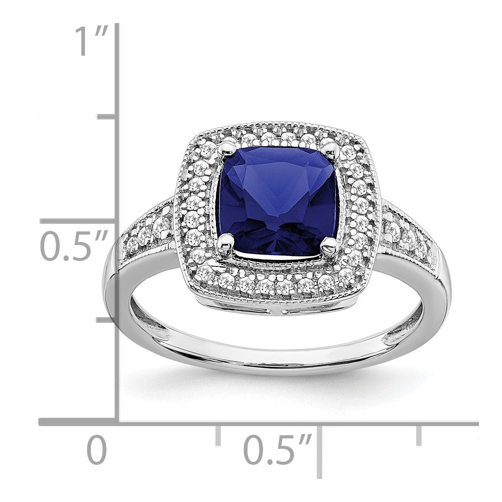 14k White Gold Cushion Created Sapphire and Real Diamond Halo Ring