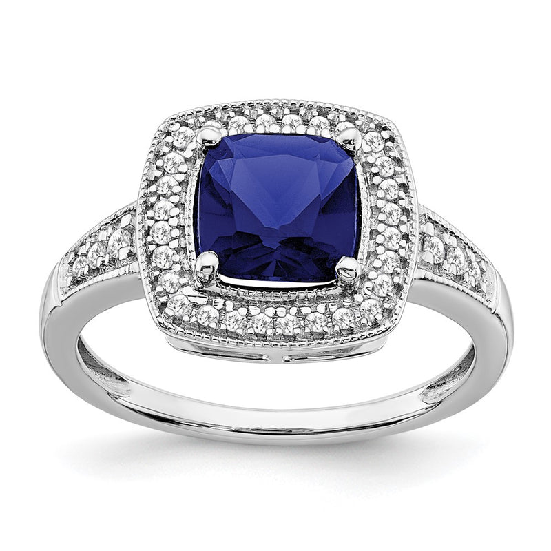 14k White Gold Cushion Created Sapphire and Real Diamond Halo Ring