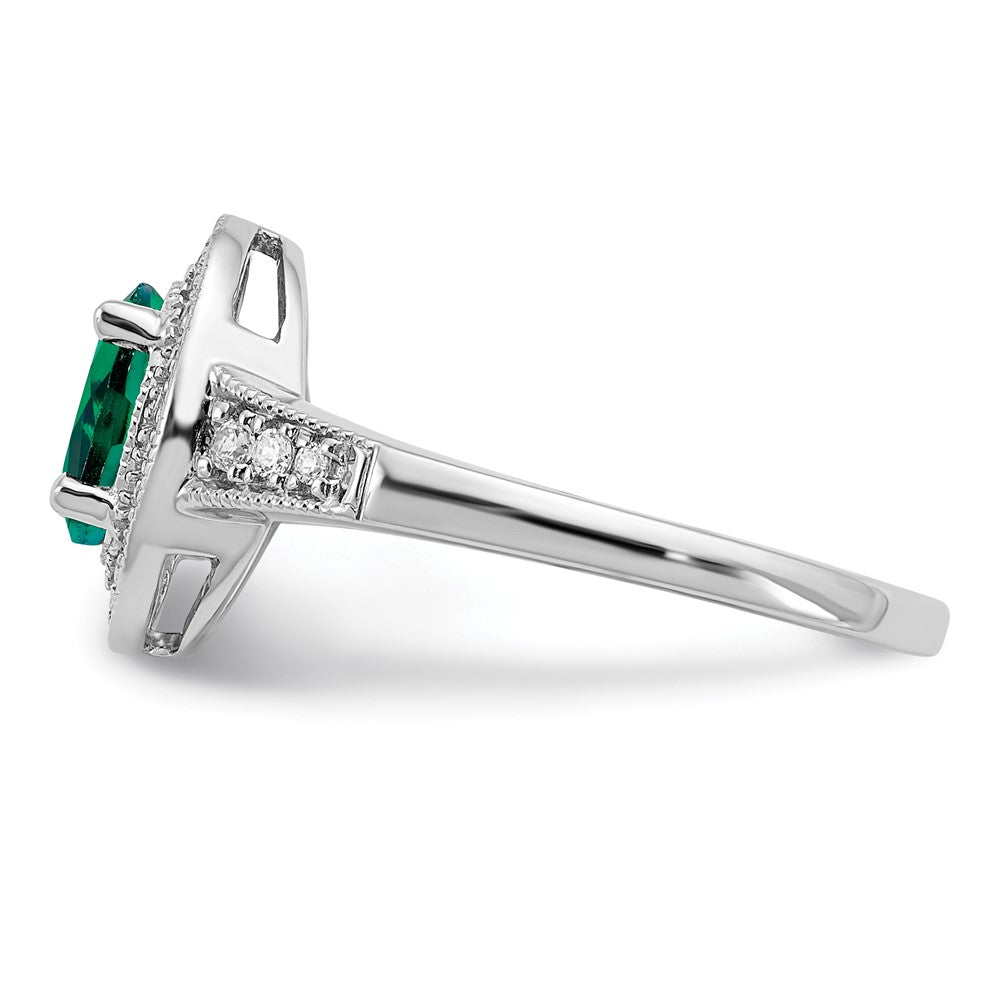 14k White Gold Oval Created Emerald and Real Diamond Halo Ring