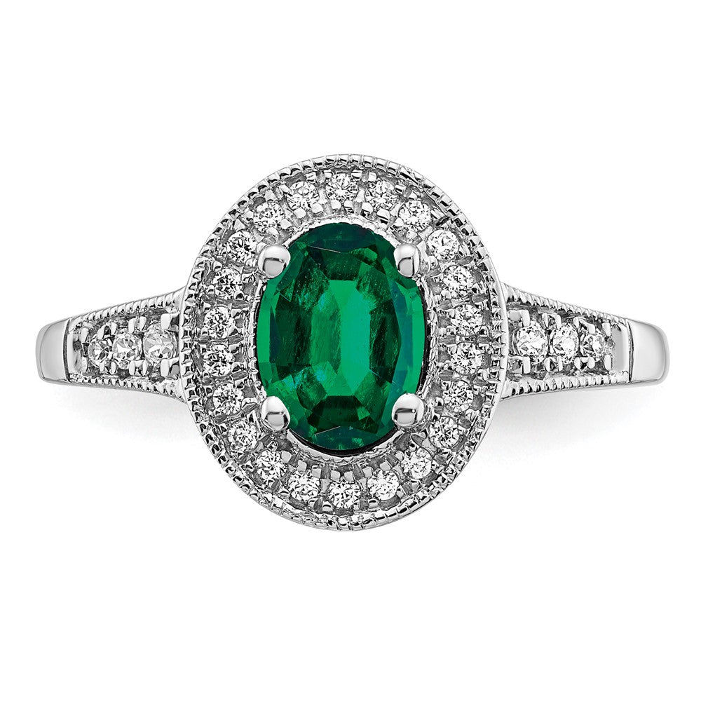 14k White Gold Oval Created Emerald and Real Diamond Halo Ring