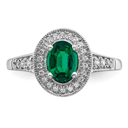 14k White Gold Oval Created Emerald and Real Diamond Halo Ring