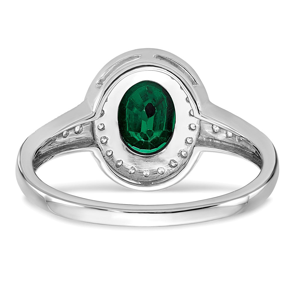 14k White Gold Oval Created Emerald and Real Diamond Halo Ring