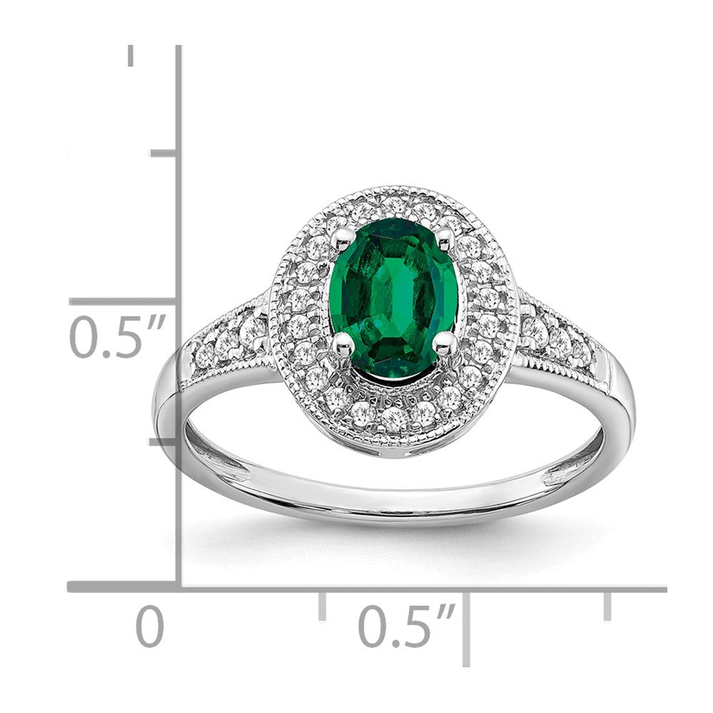 14k White Gold Oval Created Emerald and Real Diamond Halo Ring