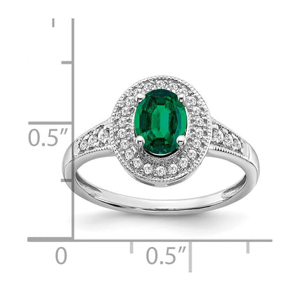 14k White Gold Oval Created Emerald and Real Diamond Halo Ring