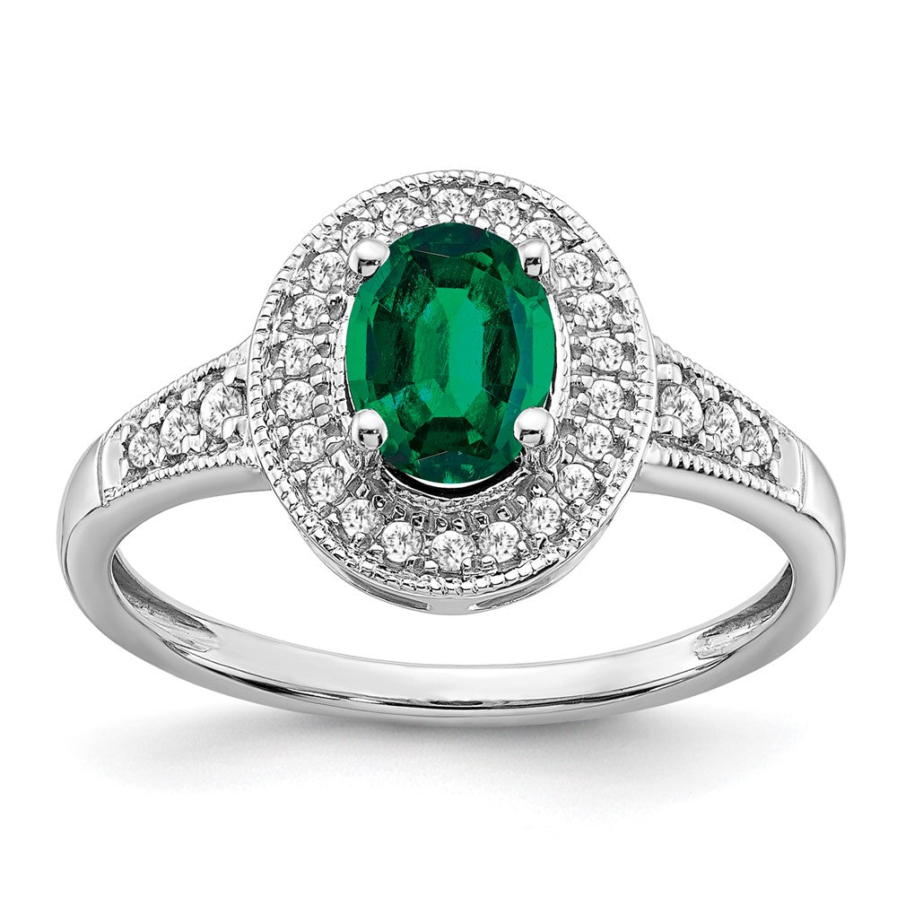 14k White Gold Oval Created Emerald and Real Diamond Halo Ring
