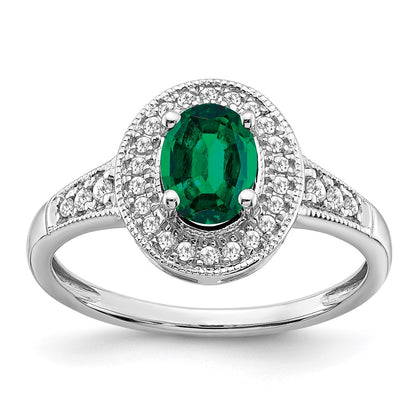 14k White Gold Oval Created Emerald and Real Diamond Halo Ring
