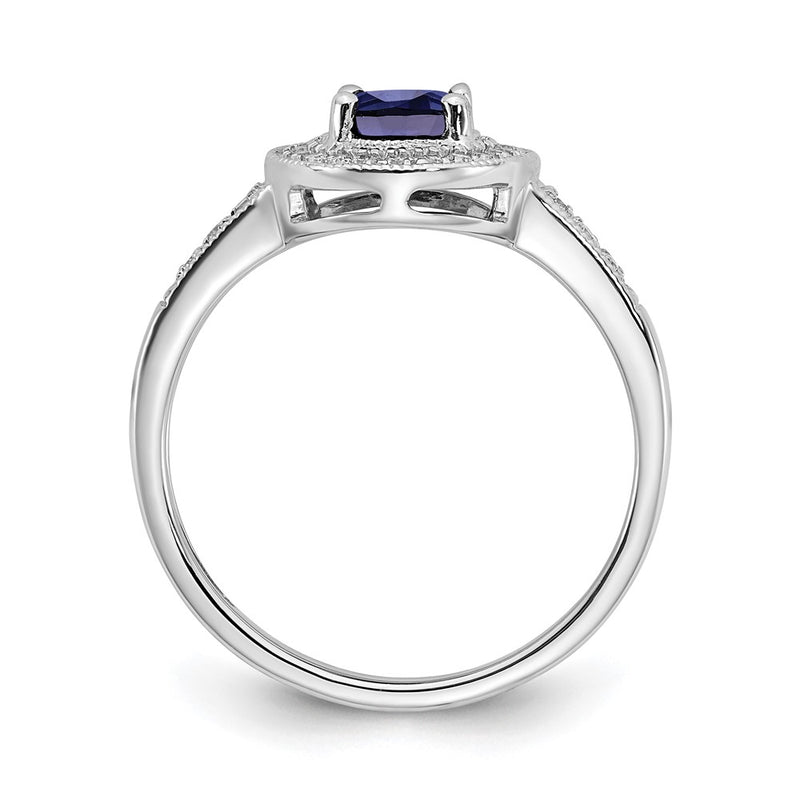 14k White Gold Oval Created Sapphire and Real Diamond Halo Ring