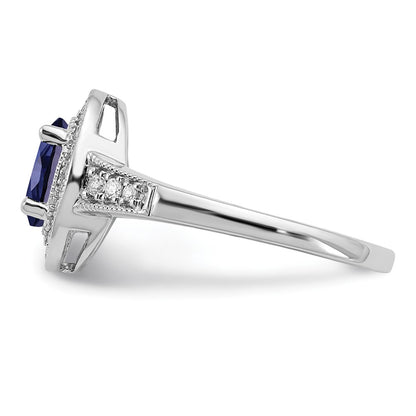 14k White Gold Oval Created Sapphire and Real Diamond Halo Ring