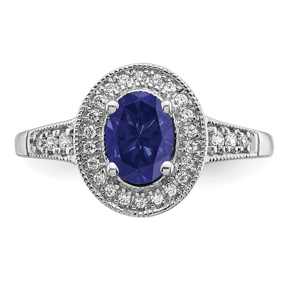 14k White Gold Oval Created Sapphire and Real Diamond Halo Ring