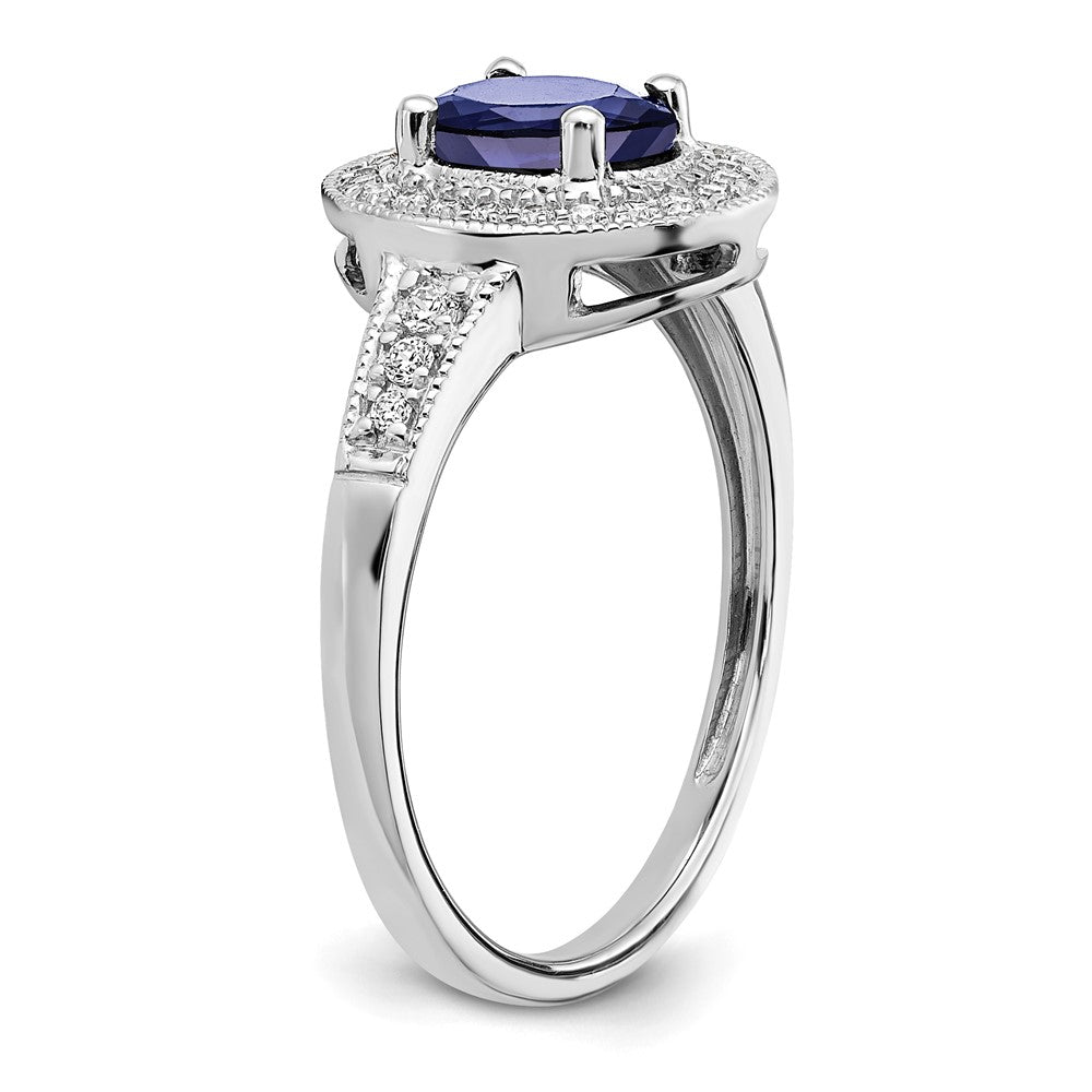 14k White Gold Oval Created Sapphire and Real Diamond Halo Ring
