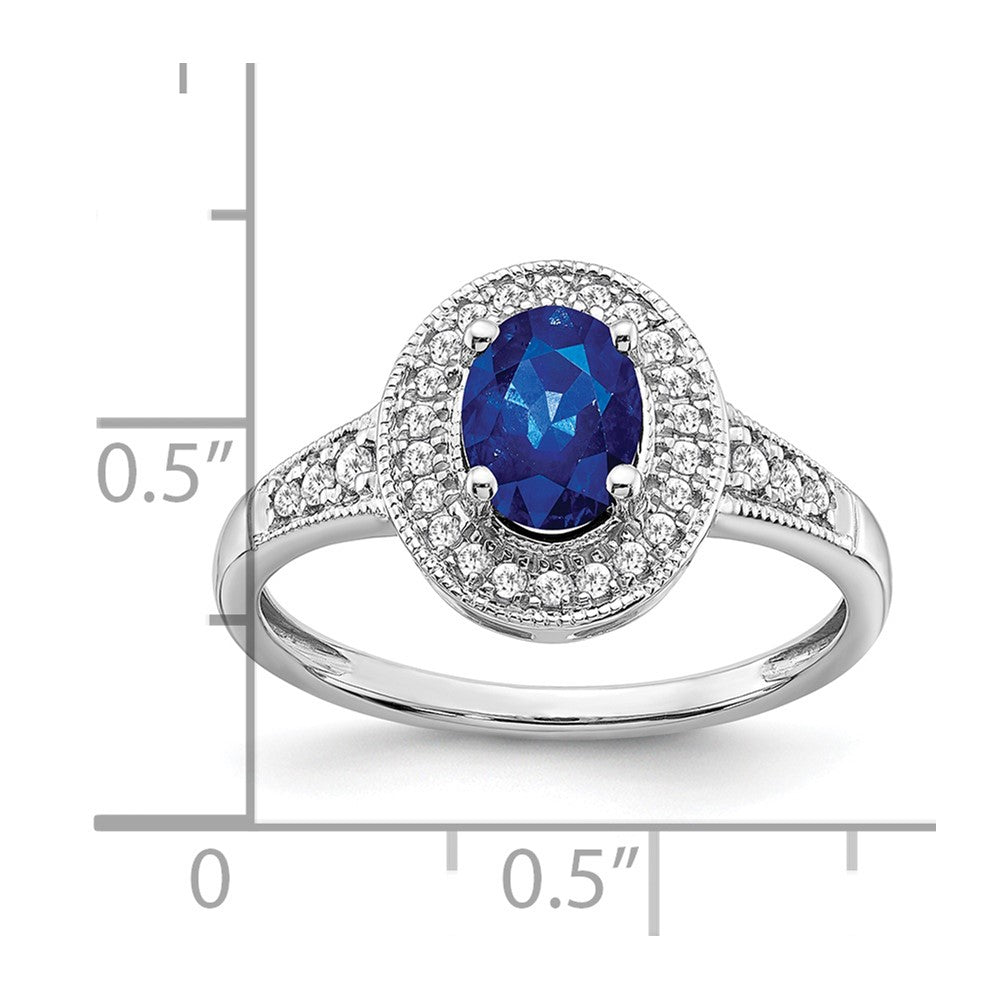 14k White Gold Oval Created Sapphire and Real Diamond Halo Ring