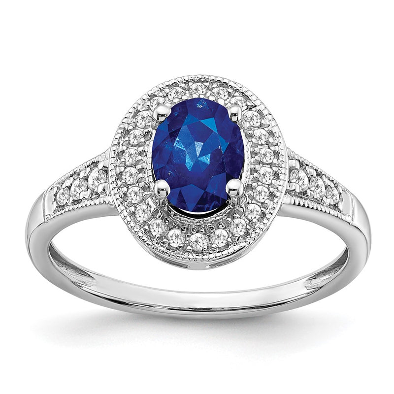 14k White Gold Oval Created Sapphire and Real Diamond Halo Ring