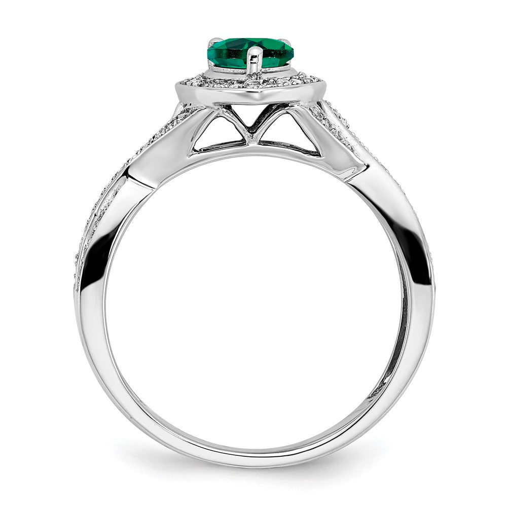 14k White Gold Pear Created Emerald and Real Diamond Halo Ring