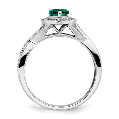 14k White Gold Pear Created Emerald and Real Diamond Halo Ring
