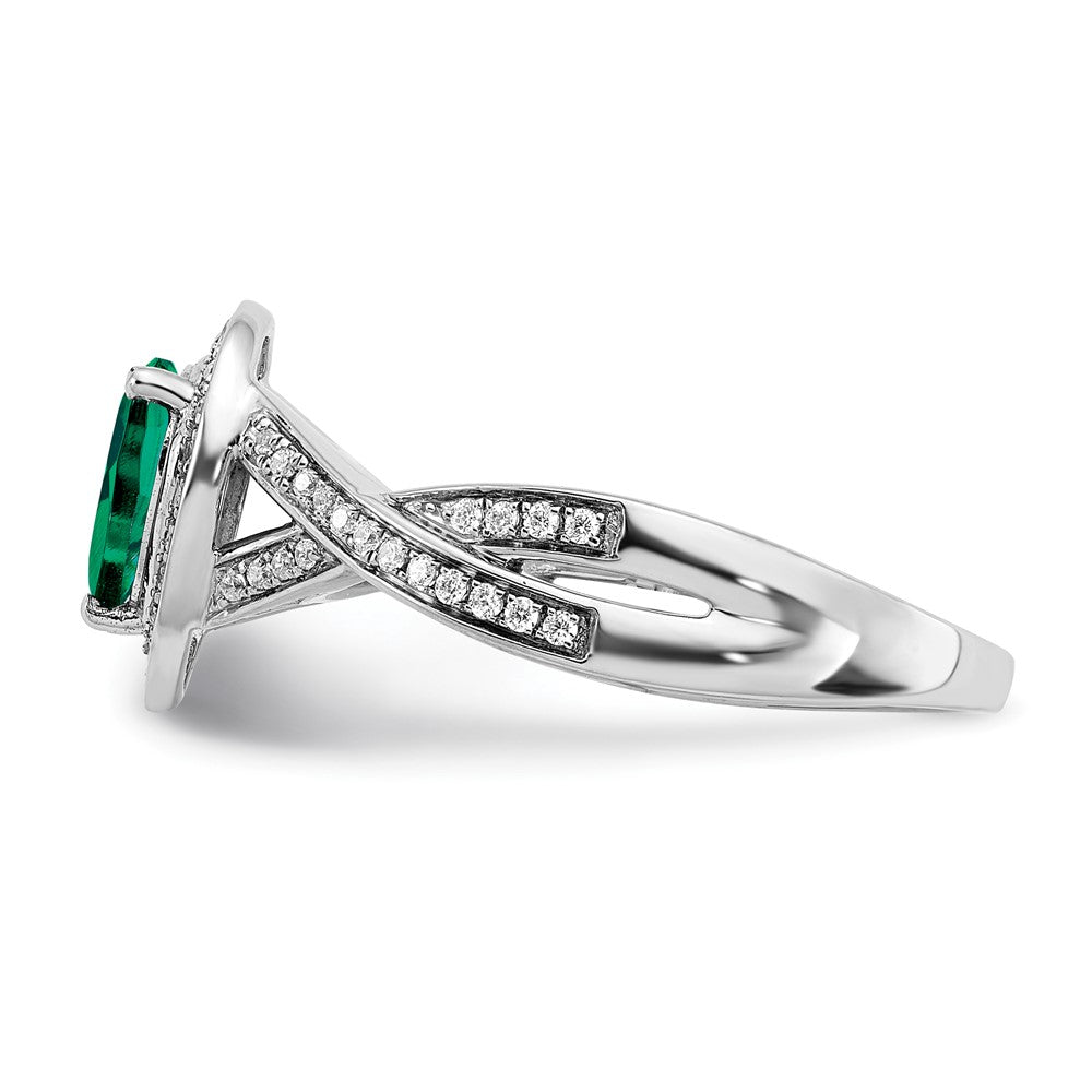 14k White Gold Pear Created Emerald and Real Diamond Halo Ring