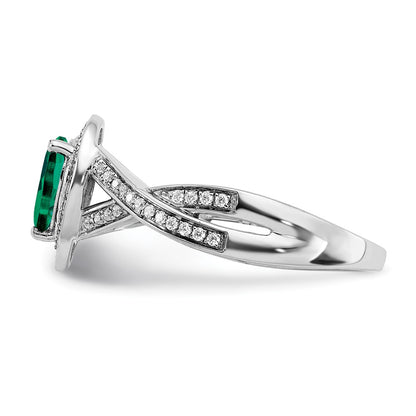 14k White Gold Pear Created Emerald and Real Diamond Halo Ring