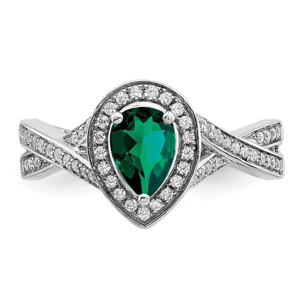 14k White Gold Pear Created Emerald and Real Diamond Halo Ring