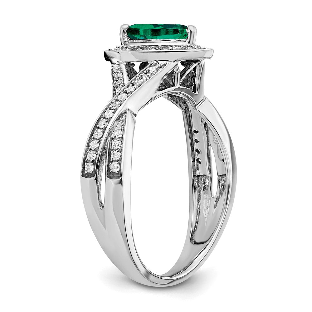 14k White Gold Pear Created Emerald and Real Diamond Halo Ring