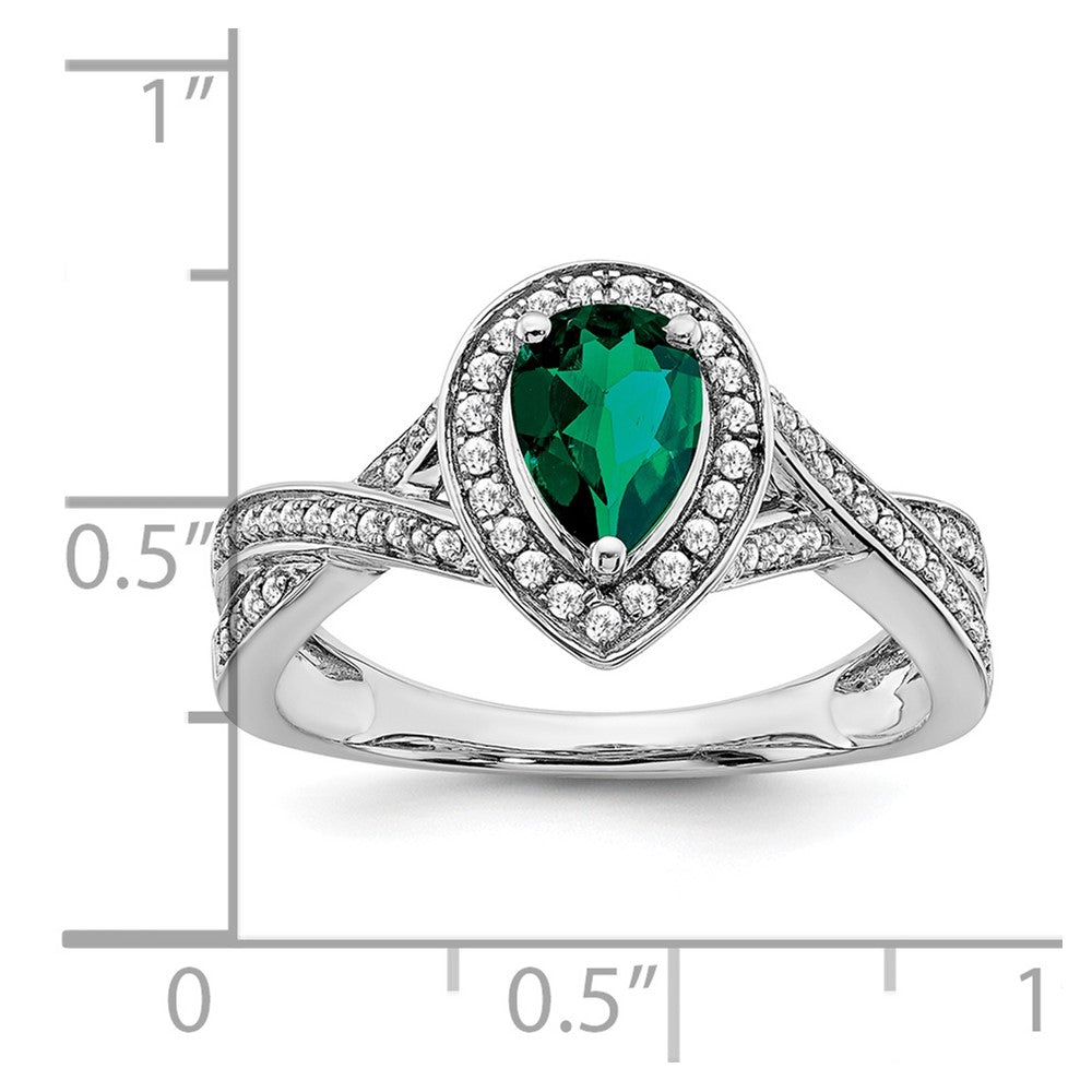 14k White Gold Pear Created Emerald and Real Diamond Halo Ring
