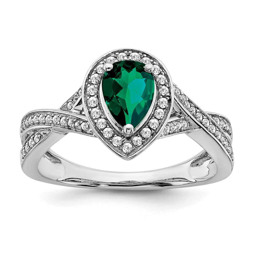 14k White Gold Pear Created Emerald and Real Diamond Halo Ring