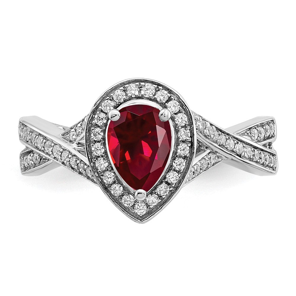 14k White Gold Pear Created Ruby and Real Diamond Halo Ring