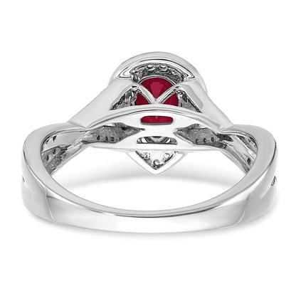 14k White Gold Pear Created Ruby and Real Diamond Halo Ring