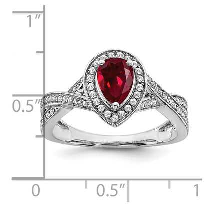 14k White Gold Pear Created Ruby and Real Diamond Halo Ring