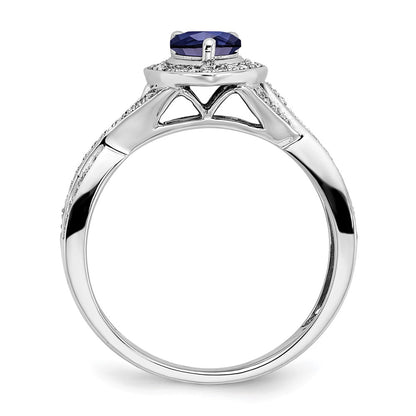 14k White Gold Pear Created Sapphire and Real Diamond Halo Ring