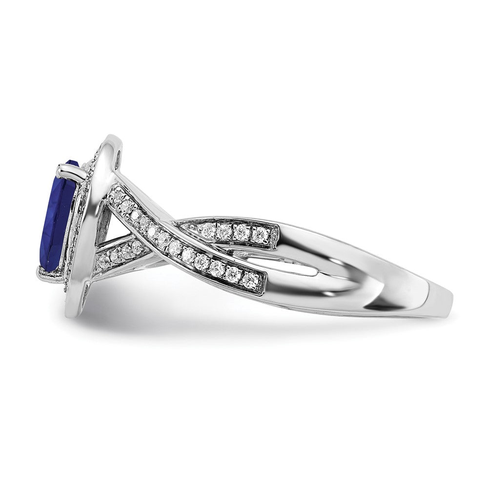 14k White Gold Pear Created Sapphire and Real Diamond Halo Ring