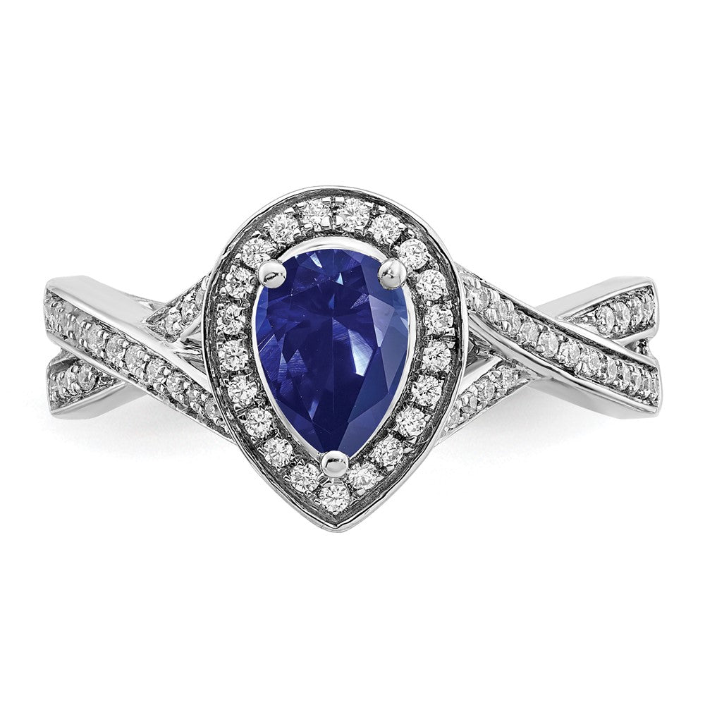 14k White Gold Pear Created Sapphire and Real Diamond Halo Ring