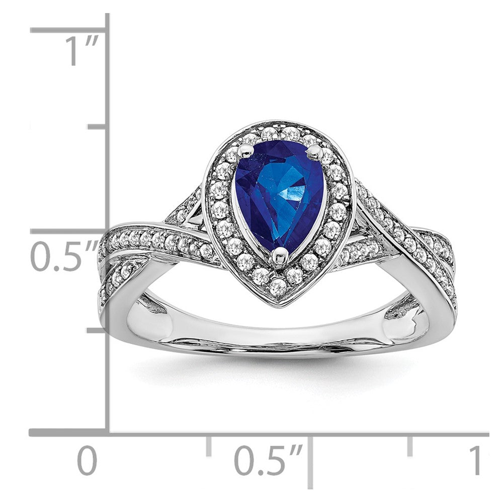 14k White Gold Pear Created Sapphire and Real Diamond Halo Ring