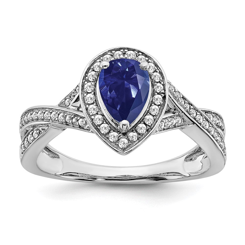 14k White Gold Pear Created Sapphire and Real Diamond Halo Ring