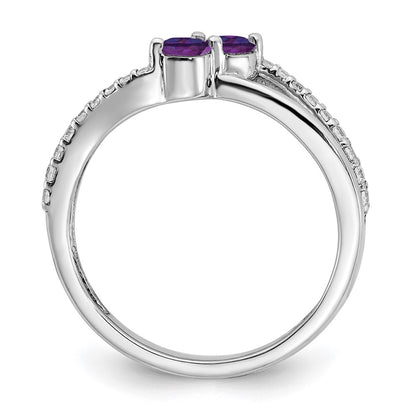 Solid 14k White Gold Simulated Amethyst and CZ 2-stone Ring