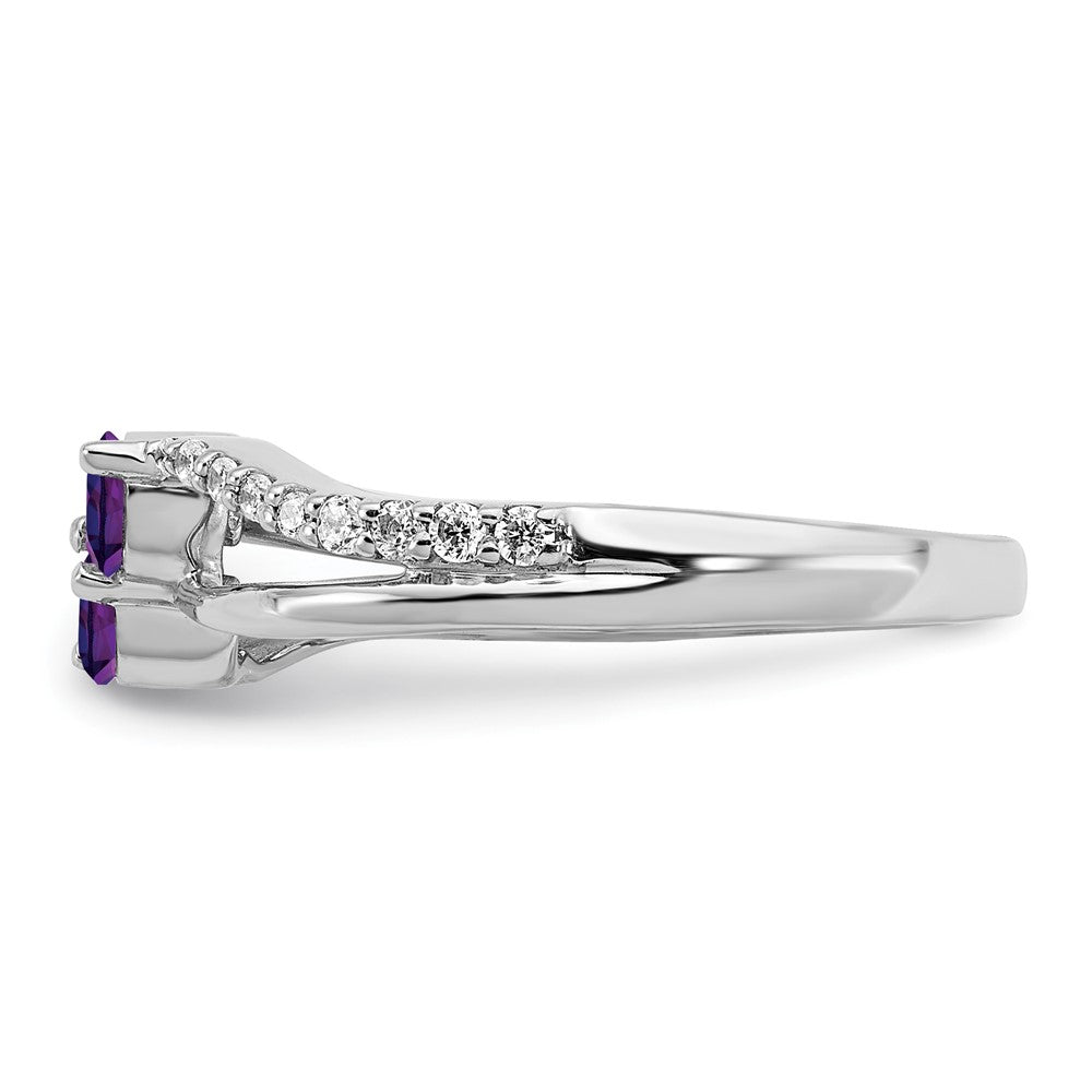 Solid 14k White Gold Simulated Amethyst and CZ 2-stone Ring