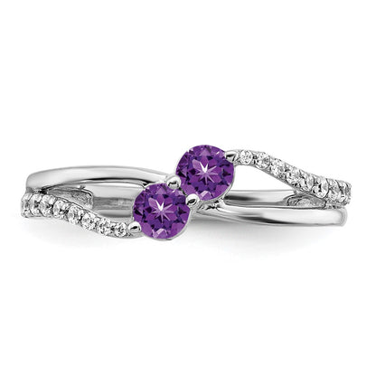 Solid 14k White Gold Simulated Amethyst and CZ 2-stone Ring