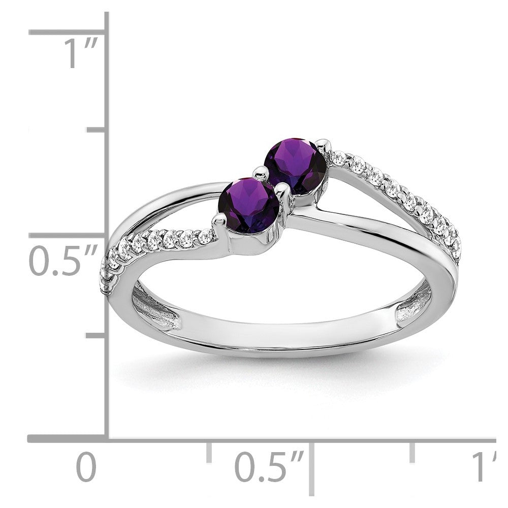 Solid 14k White Gold Simulated Amethyst and CZ 2-stone Ring