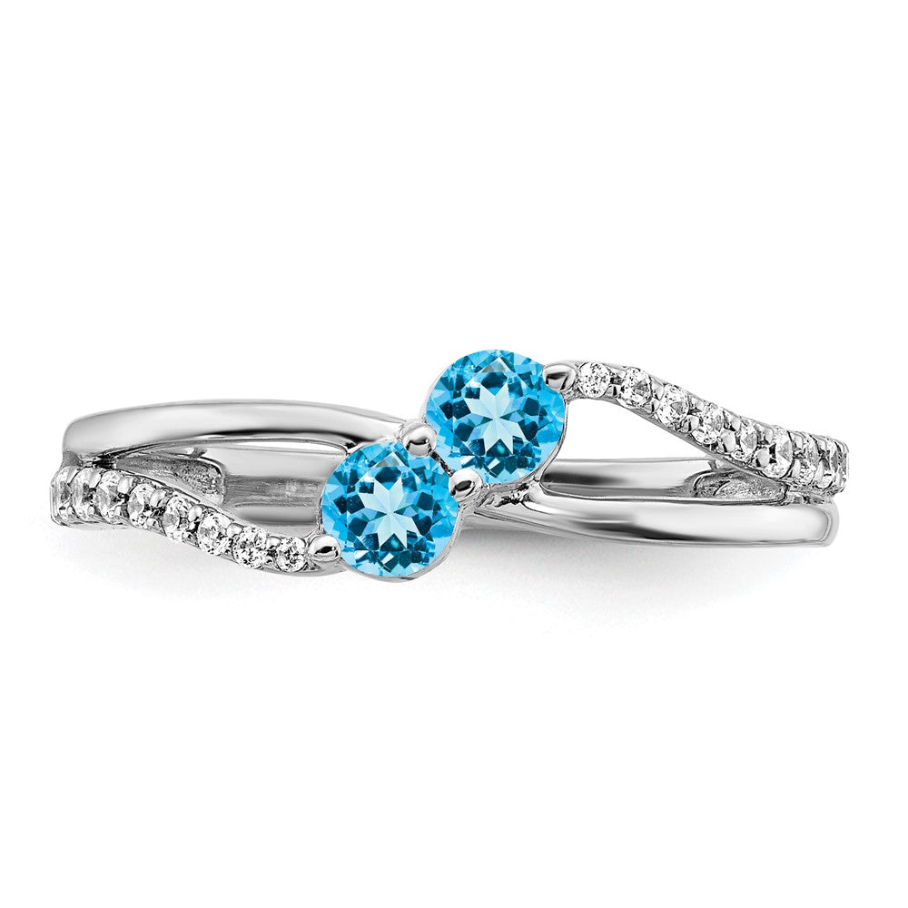 14k White Gold Blue Topaz and Real Diamond 2-stone Ring