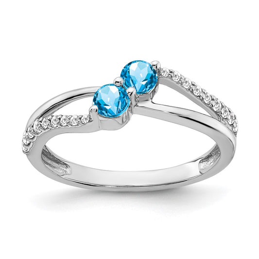 Solid 14k White Gold Simulated Blue Topaz and CZ 2-stone Ring