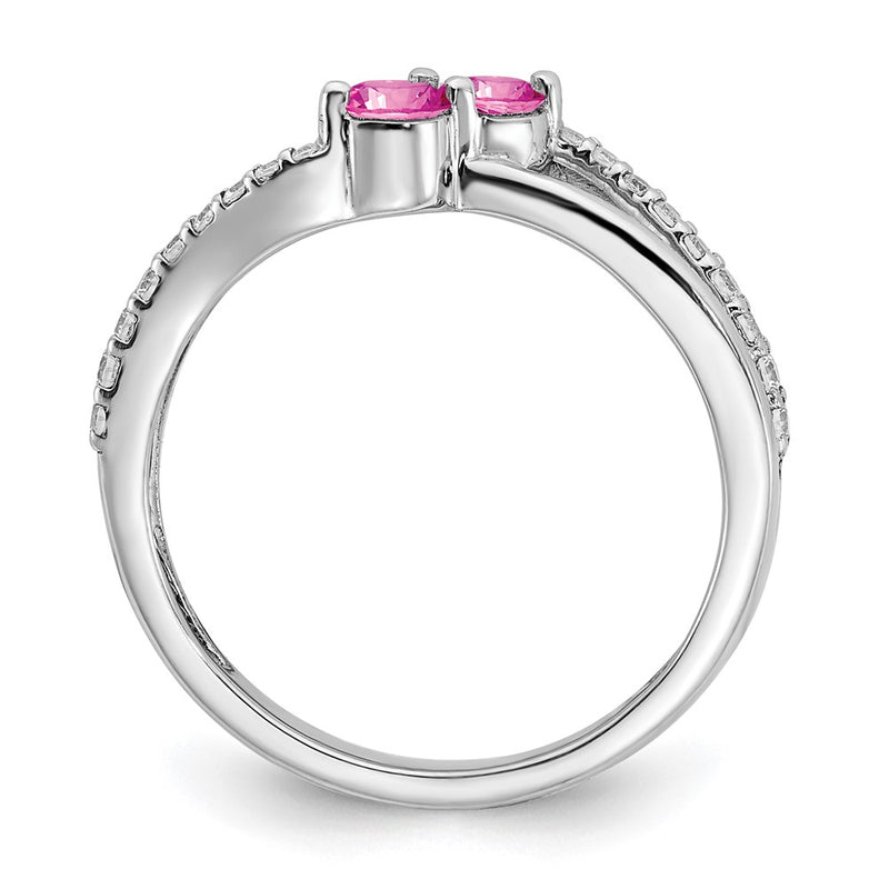 14k White Gold Created Pink Sapphire and Real Diamond 2-stone Ring