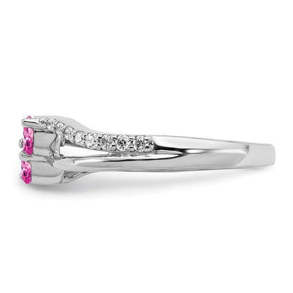 14k White Gold Created Pink Sapphire and Real Diamond 2-stone Ring