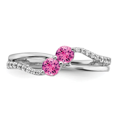 14k White Gold Created Pink Sapphire and Real Diamond 2-stone Ring