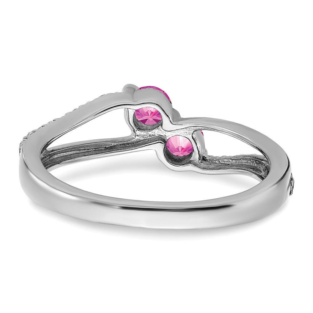 14k White Gold Created Pink Sapphire and Real Diamond 2-stone Ring