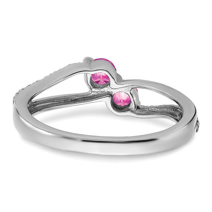 14k White Gold Created Pink Sapphire and Real Diamond 2-stone Ring